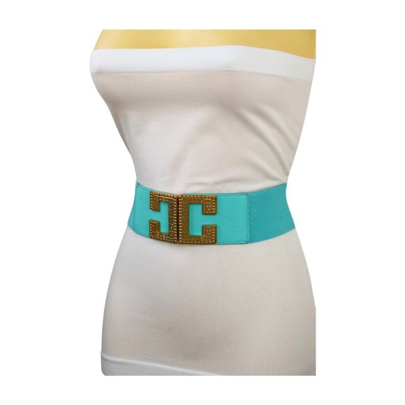 NEW Women Mint Green Shade Elastic Wide Belt Metal C Buckle Adjustable Size S M - Picture 8 of 17